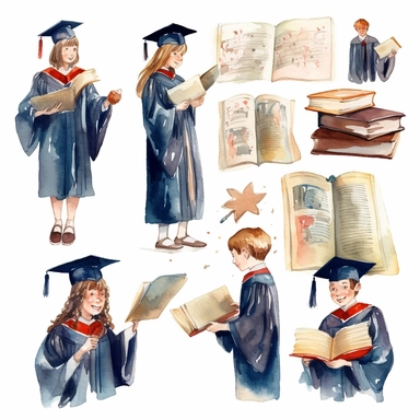 watercolor graduation ceremony related scenes, illustrations clipart set, simple, , cartoon elements ,different variants , separate elements with a margin, ,4k, high resolution