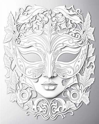 white coloring page of a white masquerade mask with intricate cut-outs, delicate linework, simplified line work, free brushwork, 15th century vintage masquerade for adults black and white drawings, in the style of tanya shatseva, in the style of fantasy illustrations, in the style of fantasy illustrations, in the style of art nouveau-inspired illustrations, in the style of intricate pen drawings, in the style of intricate linework, in the style of detailed linework, kinuko y. craft, luca della r