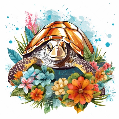 Vector Graphics turtle clipart Example: Midjourney image of a vector graphics turtle and flowers clipart with a white background