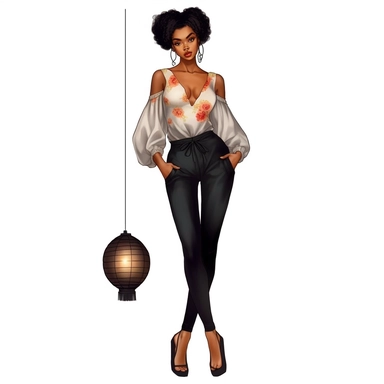 Hot black girl with floral print lantern sleeve tie neck blouse, black pants and sandals, watercolor style, clipart solid white background