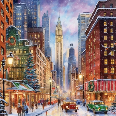 Christmas eve in New York, style by Thomas Kinkade, watercolor, smooth gradients, black contour outline, ultra detailed, clipart elements, vibrant colors, solid white background, super clear, high quality