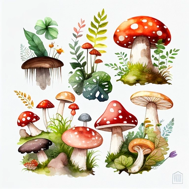 large, Watercolor graphic, Mushrooms Clipart - cute forest nature toadstool clip art, white background, landscape, clump of mushrooms, moss, woodlands