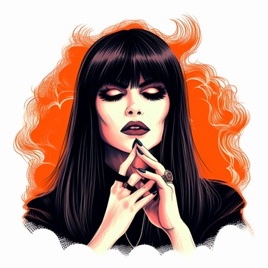 female Elvira style spooky clipart, hand drawn art isolated on white background, sparklecore, goosebumps cover art, flames
