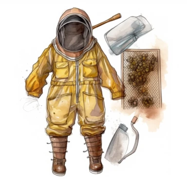A detailed drawing of a beekeeper's suit, highlighting the protective layers, mesh veil, and gloves, hanging on a hook near a beehive, ready for use. (Digital drawing clipart, image black border color, full body, flat texture, transparent background), watercolor