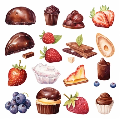 watercolor style, chocolate and fruit dessert variations, hyper realistic detailed clipart, on a white background