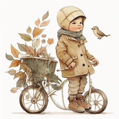 watercolor, very cute little child in a pastel beige coat with lots of pockets, vintage magician hat, baby orange trousers, holding a basket, with a backpack, on a vintage tricycle with big wheels, sorounded by flyes and birds, and some big leafes behind, clipart, white background