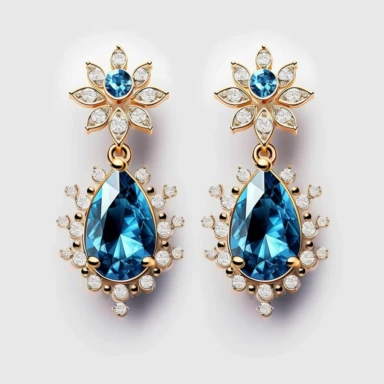 jewellery gold earrings with blue stones and diamonds digital clipart on white background