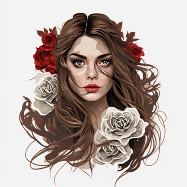 Striking boho girl in clipart style, hair cascading to one side adorned with detailed roses on one side, captivating large eyes and full lips, gazing directly at the camera, Portrait style, white minimalist background, 8K rendering
