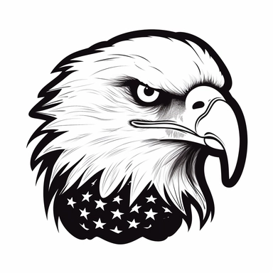 very simple black and white eagle head with an american flag behind clipart, white background