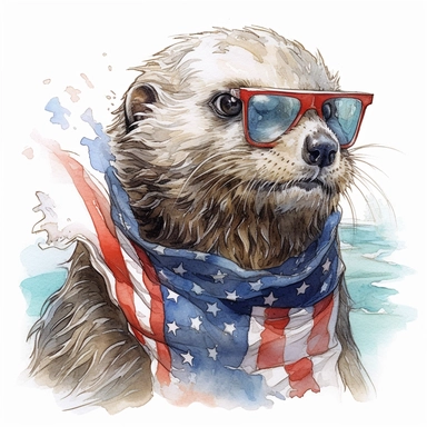 a California sea otter with rocky shoreline, wears American flag scarf and sunglasses, Western coastal waters, colorful ink wash paintings, anime-inspired character designs, hyper-realistic animal illustrations, 2d game art, quadratura, clipart, on white