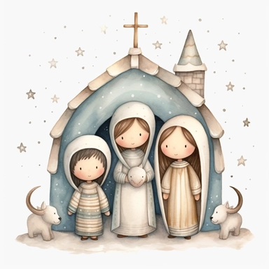 A watercolor painting of a cute nativity with Mary and Joseph, Christmas, cute detailed digital art, inspired by nicoletta ceccoli, by Kubisi art, whimsical and cute, by nicoletta ceccoli, cute detailed artwork, glimmering, adorable and whimsical, whimsical art, Clipart style, png style, svg style, blank white background, a solid white background