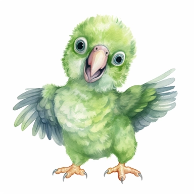 watercolor clipart, Playful cute laughing light green baby parrot, full body, isolated on white background, Sublimation Clipart, hyper realistic, intricate detail, illustration style, isolated on white background for removing background, Super-Resolution, Megapixel