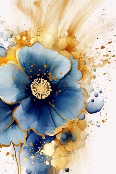 beautiful gorgeous alcohol ink of gold serene nature scene with a central focus on a navy flower. gentle wave , minimalist style, crystals, glam, glossy, glitter texture, liquid ink clipart, modern and stylish design, bright colors, 300 dpi, clear decoration, clear white background, highly detailed digital art, 8k