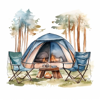 camping style cute camping tent in the campground at the night with watercolor effect,night landcsape,camping tools,camping chairs and table,forest landscape,suitable for digital clipart,white background