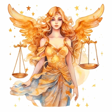 Libra zodiac sign as fantasy portrait of beautiful angel goddess holding golden libra in one hand, golden armor, Watercolor Libra Zodiac Sign Clipart, clip art design, 8k, detailed white background, uplighted