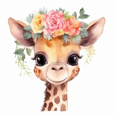 Cute giraffe clipart with watercolor illustration, roses, kawaii, nursery theme, big eyes, smiling