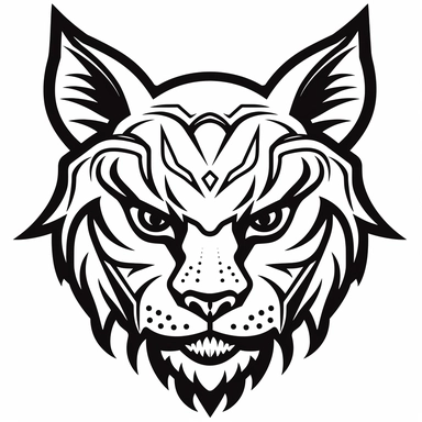 simplified monochrome outline of a cute front facing Highlander cat head, clipart, svg cut,