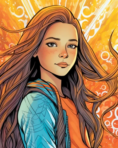 Blend of comic book art and lineart in full natural colors. A full-body portrait shot of a bright and energetic 10-year-old Irish Italian Indian girl. She has long, flowing brown hair with a few braids or colorful hair clips that add a playful touch. Her eyes are wide and curious, reflecting her youthful innocence and curiosity. She dresses in comfortable and age-appropriate clothing, such as jeans or leggings paired with colorful tops or t-shirts. She often wears sneakers or cute ballet flats t