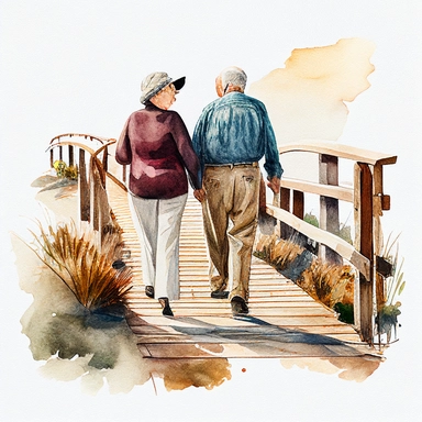 Old Couple Watercolor Clipart walking along a boardwalk with back towards us