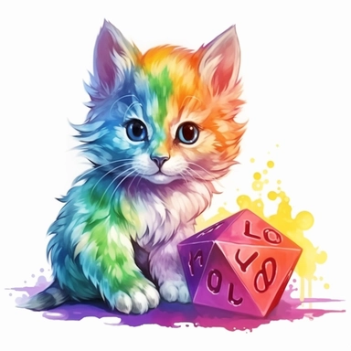 sticker with white border, on white background, fantasy, dungeons and dragons, watercolor clipart, vibrant rainbow colors, cute kitten with dice