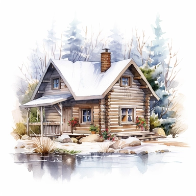 a log cabin in the woods with a garden. it is winter. on a white background. clipart. watercolour.