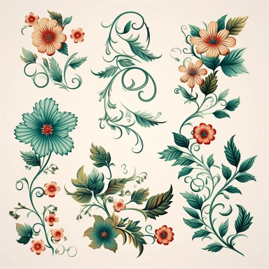 Floral Elements: A set of intricately designed floral clipart, including flowers, leaves, and vines, perfect for creating beautiful compositions