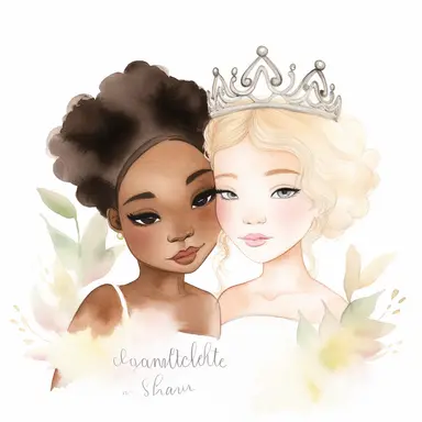 watercolor Tiana princess with Charlotte La Bouff , beautiful, clipart, white background, by Natalie Shauby
