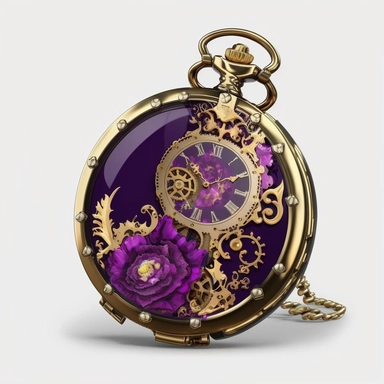 Steampunk pocket watch with a purple face and gold gears ,watercolor, Steampunk, dark purple color theme, Detailed, clipart, sweet, png transparent background