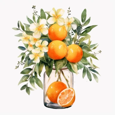 Create a watercolor oranges clipart with glass nd bouquets