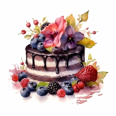clipart, isolated on white background, Watercolor cake with flowers and berries, black colored, ornated, vivid and vibrant and saturated colors