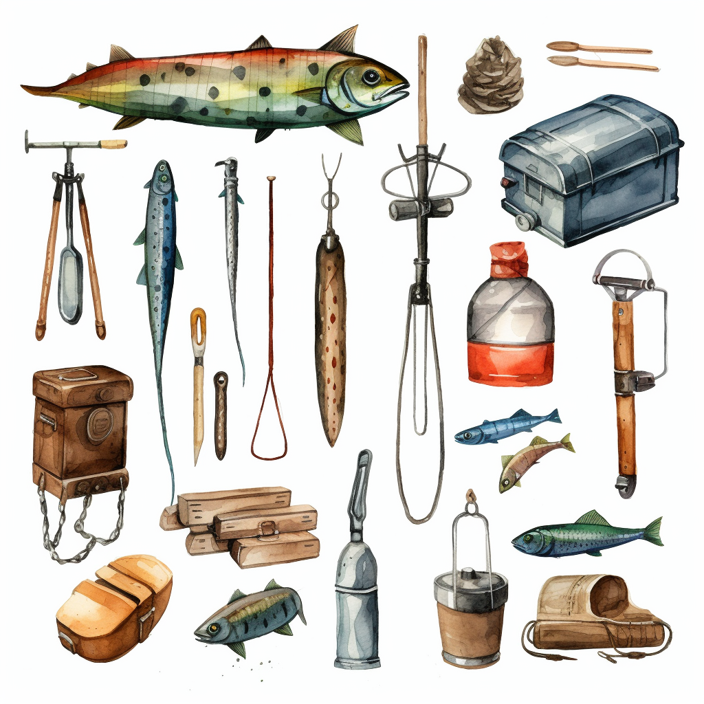 watercolor, Fishing gear - Clip art of a fishing pole, tackle box