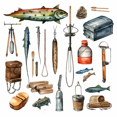 watercolor, Fishing gear - Clip art of a fishing pole, tackle box or fishing lure. png Full body realistic cartoon in 32K UHD cute. 15 cm thick outline. Black color. There was no shadow on the ground. 8k with realistic watercolors and detailed illustrations. PNG clipart, transparent white background