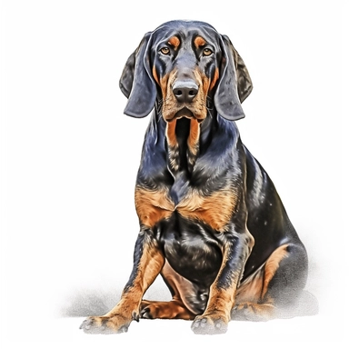 black and tan coonhound in the style of digital airbrushingsitting realistic yet stylized, digitally enhanced, clipart, 32k uhd, detailed crosshatching white background