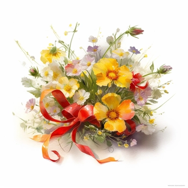 a simple gorgeous wildflowers and flowers corsage with ribbon and greenery on white background clipart, bright yellow, orange, red, and green color theme, watercolor painting realistic, high quality, vibrant, Vicente Romero Redondo, Willem van Aelst, Elsa Beskow