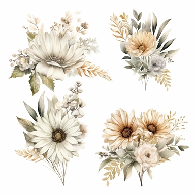 Watercolor Elegant Neutral Colors whites, creams and grays Bohemian Bouquets, Floral Clipart, Bohemian Wild Flowers, Bohemian Bouquet Watercolor, 8k
