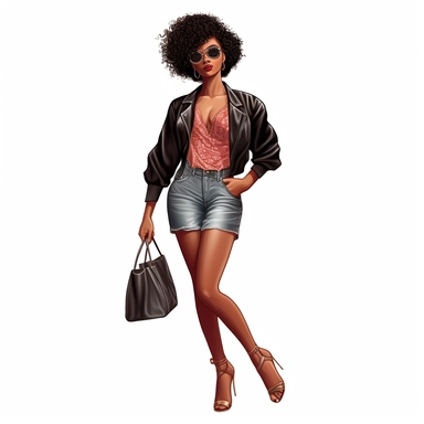 realistic illustration of Fashion-forward African American woman: Illustrate a clipart of a stylish African American woman wearing fashionable clothing and accessories. Showcase her confidence and individuality through her outfit and pose. clipart, isolated on white background, 4K