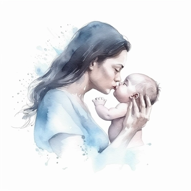 beautiful mom kissing newborn baby boy, watercolor effect, isolated white background, babyshower clipart, soft blue tones, 8k