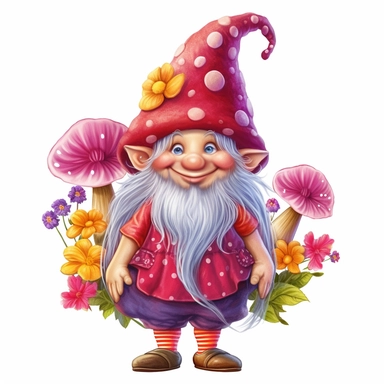 A delightful, hand-drawn clipart image of a friendly female gnome with no beard, dressed in a charming, brightly colored ensemble, sporting a tall, pink pointy mushroom hat, and standing with a welcoming smile, mushrooms and flowers, presented on a transp