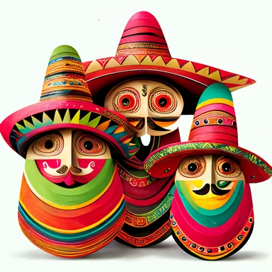 clip art people in sombreros in mexican style, cinco de mayo, dancing, big eyes, smiles, happy, in the style of layered organic forms, detailed character clip art, shaped canvases, giant money sculptures, detailed, cartelcore, colorful layered,