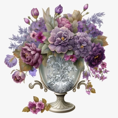 beautiful bouquet of purple flowers in crystal vase, romantic, shabby chic, ethereal. clipart style