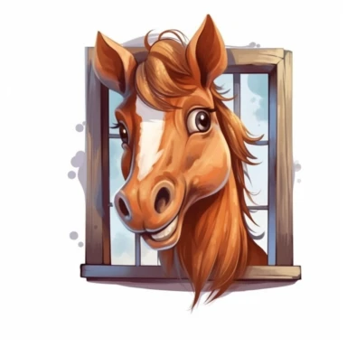 Cute Beautiful Happy Face Funny Horse Outside The Window Sublimation Clipart, Cartoon, hyper realistic, intricate detail, illustration style, high solution, on the white background