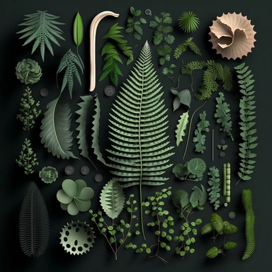 many types of fiddle ferns , in a Knolling clipart layout, tones, space between the images,materials, Deconstruction, Highly detailed, Depth