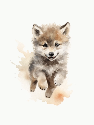 cute happy grey wolf cub running, pastel watercolor, clipart, solid background
