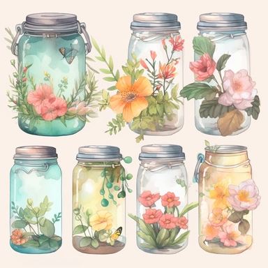 watercolor 1 dozen jars, decorated with flowers, plants, leaves, inserted into glass jars vividly bold designs png Full body realistic cartoon in 32K UHD cute. 15 cm thick outline. Black color. There was no shadow on the ground. 8k with realistic watercolors. and detailed illustrations. PNG clipart, transparent white background