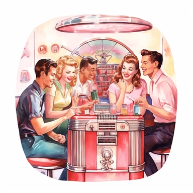 A group of friends gathered around a jukebox in a 1950s-style diner, selecting their favorite tunes and dancing, american style, watercolor, clipart
