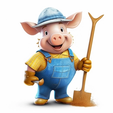 clipart illustartion of a cartoon pig, wearing a yellow straw hat, wearing a farmers blue bib overalls, holding an extra large cartoon axe
