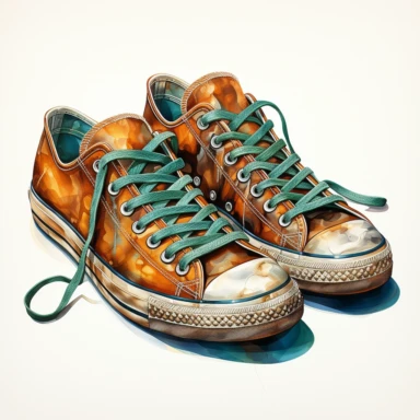 2 toned color hand drawn , watercolor, hyper realistic, white background, white margins, 16k, ultra detailed clipart, cut out image, hand-drawn, ultra HD, sharp and clean art , a pair of vintage old worn sneakers 1940 -1950 era , capturing the romantic and feminine aesthetics often associated with vintage fashion and travel, Clipart