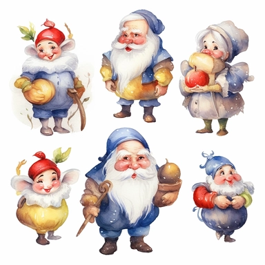 Watercolor snow white , illustrations clipart set, simple , cartoon elements, fairy tale theme and elements, different characters, 7 dwarves, different variants , , separate elements with a margin