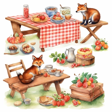 clipart set of woodland fox sitting at a picnic table with red gingham table cloth, on the table there is fruit and cake, party triangle bunton, whimsical watercolor painting, separated with white margins between each item, isolated on white background