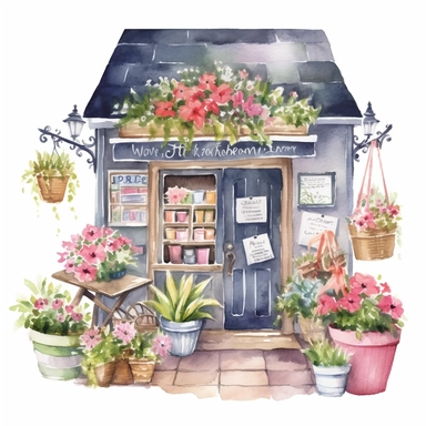 Clipart, watercolor, white background: A flower shop with a floral-themed chalkboard displaying the day's specials and upcoming workshops, fostering a sense of community and creativity.